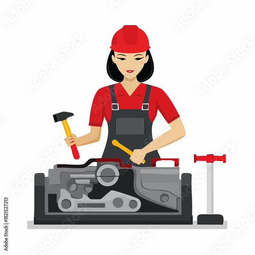 Young woman in red uniform repairing complex machinery with hammer and wrench in workshop, demonstrating skill and precision in industrial setting.