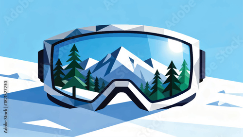 Illustration Of Ski Goggles Featuring A Beautiful View Of Mountains And Trees Vector Design Template