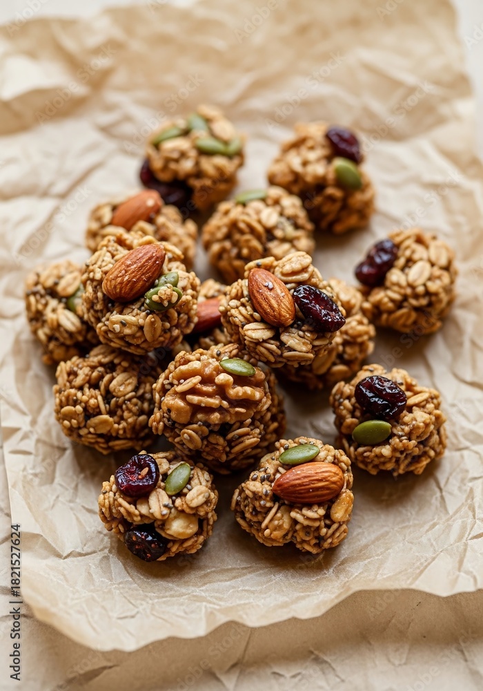 Obraz premium Rustic granola clusters on kraft parchment, natural overhead light, wholesome lifestyle snack photography for wellness branding