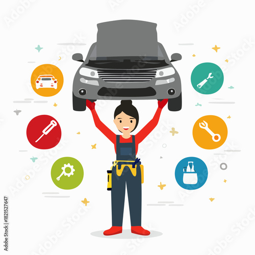 Smiling female mechanic lifting car above her head in auto repair shop with tools and equipment, showcasing her strength and expertise.