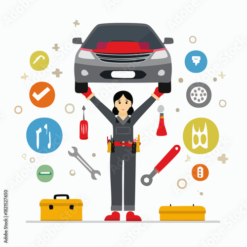 Smiling female mechanic lifting car above her head in garage surrounded by tools, showcasing strength and expertise in automotive repair.