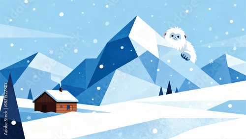 Illustration Of A Stylish Winter Cabin In The Snowy Mountains With A White Yeti Peeking Out From Behind The Peak Vector Design Template