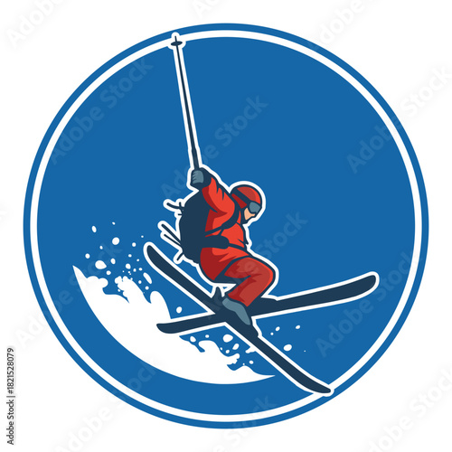 Flat vector illustration of a skier in a red suit jumping with snow splash. Winter extreme sport badge design. Isolated round emblem suitable for logos, stickers, t-shirt prints, and winter holiday br