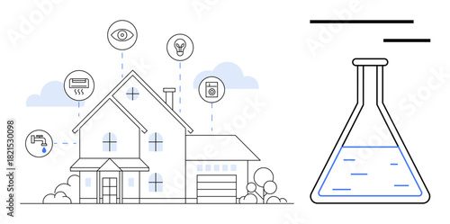 Modern house connected to smart home devices and laboratory flask symbolizing innovation. Ideal for home automation, IoT, energy efficiency, research, innovation, sustainability, technology