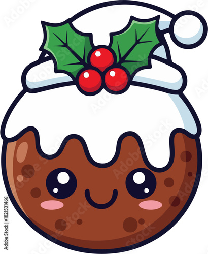 Cute cartoon Christmas pudding character with a festive Santa hat and holly. A sweet kawaii holiday dessert mascot vector illustration for festive designs