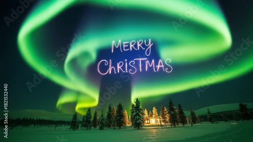 A beautiful christmas scene with the aurora borealis and the words merry christmas in the sky above the trees
