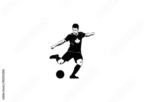 A dynamic illustration of a soccer player in mid-action, powerfully kicking a ball, captured in a clean, minimalist design