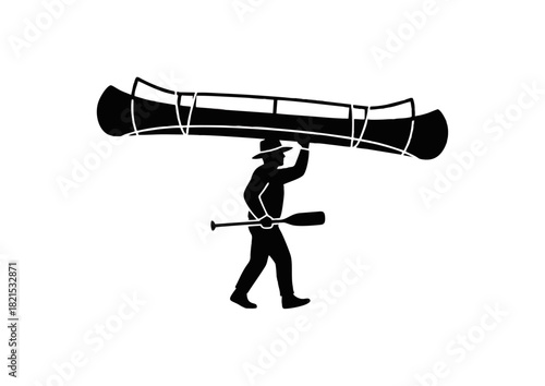 Dynamic silhouette of person carrying canoe on shoulders, paddle in hand, symbolizing resilience in wilderness exploration and outdoor water adventures