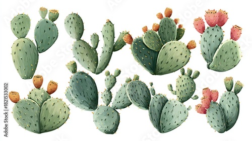 Watercolor Prickly Pear Cacti Botanical Illustration
