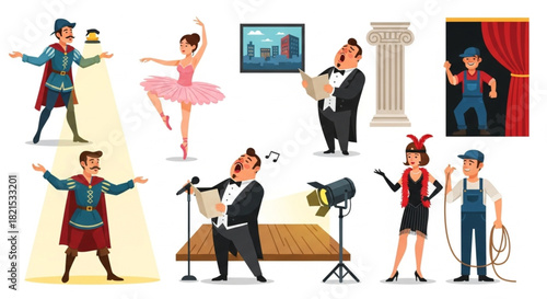 Theater Performance Actors and Stage Show – Vector Illustration Set