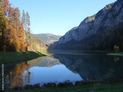 paysage automnal au lac de Montriond situé à Morzine dans le Chablais en Haute-Savoie avec arbres et montagnes se reflétant dans le lac