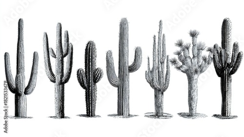 Engraved Cactus Varieties: Desert Botanical Illustrations
