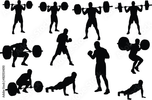 Flat vector silhouettes of athletes performing weightlifting, boxing, and fitness exercises designed for gym training, illustration, and workout inspiration graphic