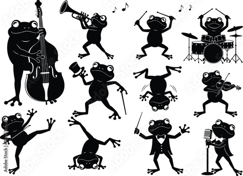 Musical frogs, cartoon animals, band performance, dancing frogs, music instruments, fun characters, entertainment scene, whimsical style, joyful rhythm, flat vector