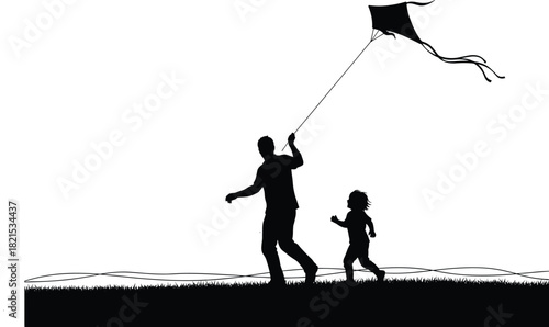 Family bonding, kite flying, outdoor fun, child running, grassy field, silhouette style, joyful moment, nature activity, parenting, flat vector