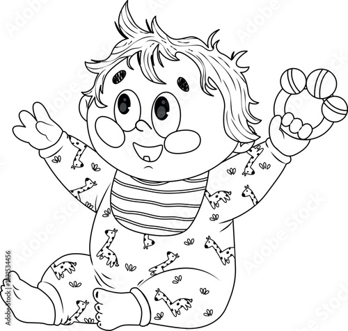 Coloring page with a little baby in a jumpsuit sitting with a rattle in his hand.