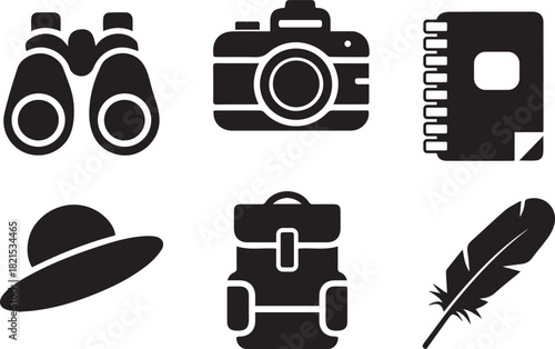 Set of travel, adventure, and exploration vector icon symbols on white image.