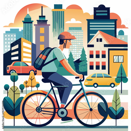Cyclist riding bike in city with cars and buildings. cyclist