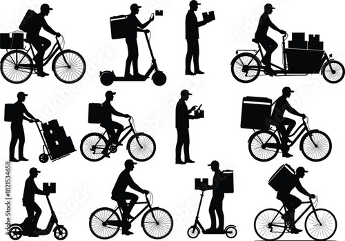 Delivery worker, urban logistics, package transport, courier service, silhouette style, mobility tools, city delivery, fast shipping, modern transport, flat vector