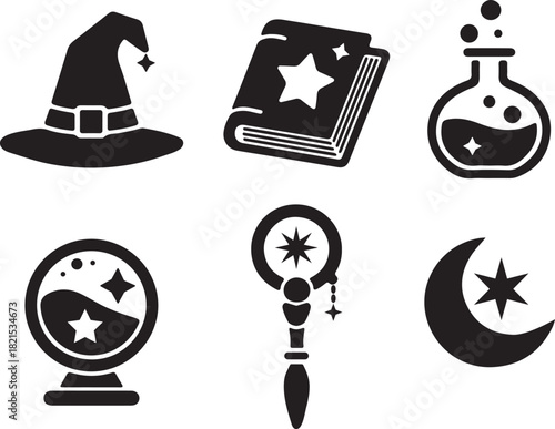 Black solid silhouette vector icon set: magic, fortune, and astrology symbols.