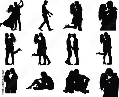 Romantic couple, love pose, silhouette embrace, dancing moment, intimate gesture, emotional connection, relationship scene, affection display, togetherness, flat vector