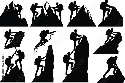 Mountain climbing, rock climbing, adventure sport, teamwork action, silhouette style, cliff scaling, outdoor challenge, physical effort, exploration spirit, flat vector