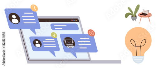 Messaging bubbles hover over a laptop screen nearby, a desk setup with a plant and a light bulb conveys communication and inspiration. Ideal for teamwork, brainstorming, productivity, remote work