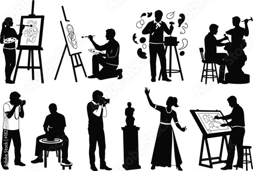 Artistic activity, creative expression, painting scene, sculpture making, music performance, photography moment, pottery work, silhouette style, visual arts, flat vector