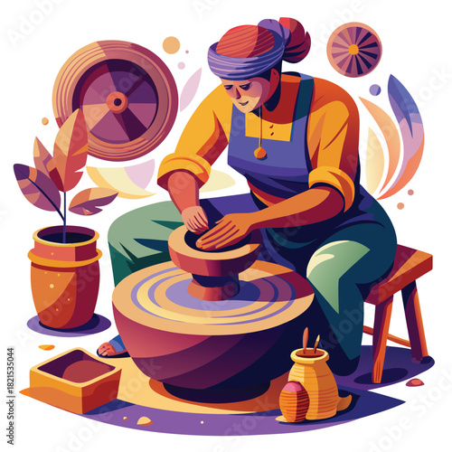 Woman creating pottery on wheel, artistic illustration of crafting process.