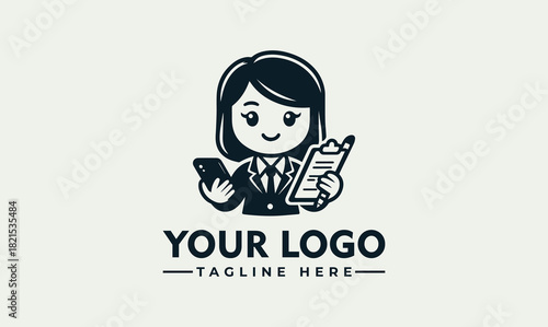 Cute businesswoman mascot holding a phone and clipboard vector. logo. illustration