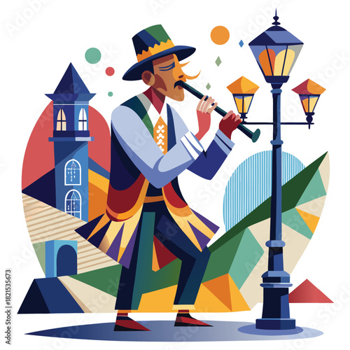 Musician playing a flute near a lamp post, vector art.