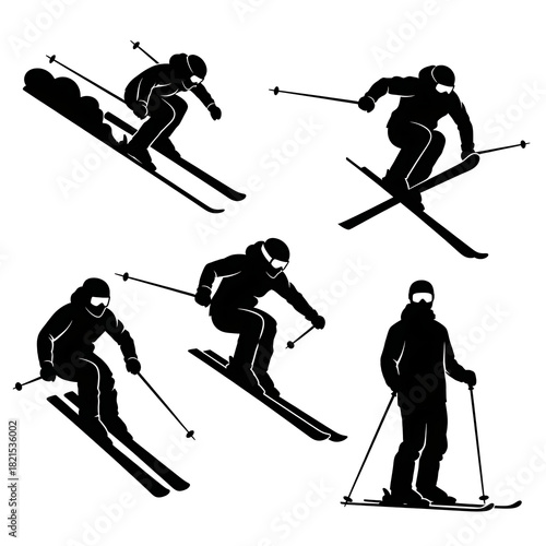 Silhouette Skiers Vector Set in Action Poses
