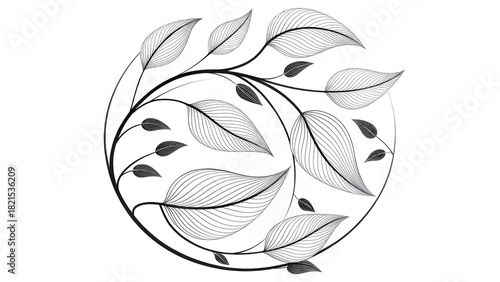 Abstract Botanical Circle – Curved Leaf Line Composition
