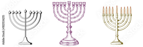 Vector artistic set of 3 menorahs - shapeless, detailed, and a menorah with burning candles: