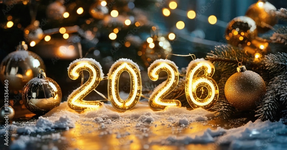 Fototapeta premium Festive scene shows glowing numerals 2026 amid ornaments, snow, lights. Warm tones create celebratory mood. Holiday spirit evident.