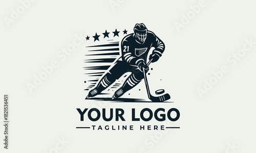 Hockey player vector logo illustration for sports teams, featuring a dynamic athlete in action.