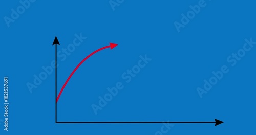 Chart arrow smooth red bow shape goes up and down on blue background. Graph hyperbole rising fast. Business cartoon animation. Economy metaphor.