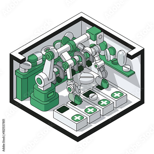 Robotic arms assemble pills in a sterile pharmaceutical lab, showcasing automated medicine production with precision and efficiency, highlighting technological advancement.