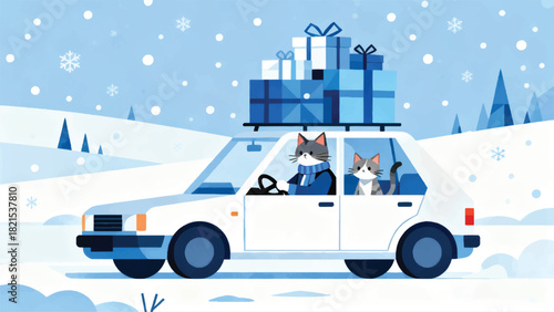 Illustration Of A Cat Driving A Car With Lots Of Gifts Vector Design Template