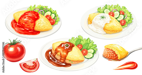 オムライス各種セット（トマト・ホワイト・デミグラスソース）,洋食,カフェメニュー,チキンライス,リアル,水彩