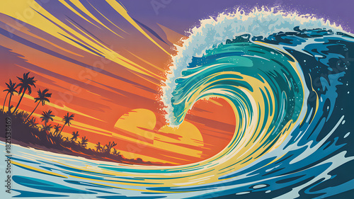 Fototapeta Naklejka Na Ścianę i Meble -  Colorful ocean wave curling at sunset with tropical coastline illustration
