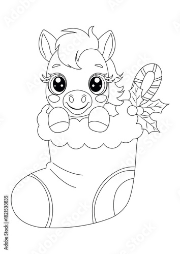 A cute pony inside a Christmas stocking illustrated as a clean black-and-white vector coloring page, for kids’ winter activities, holiday printables, worksheets, crafts and educational materials.