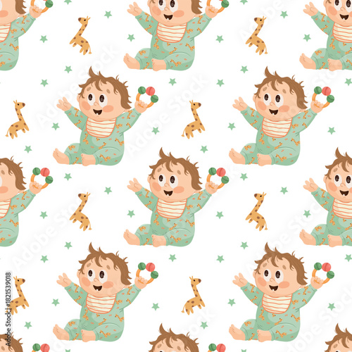 pattern with a baby in a jumpsuit with a rattle in his hand and giraffes.