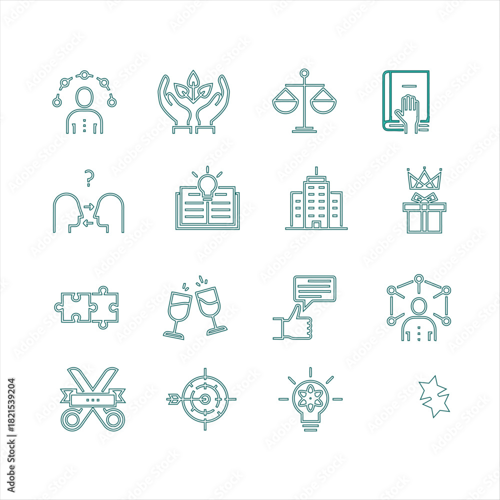 Naklejka premium Versatile outline vector icons illustrating key concepts business, personal growth, justice, innovation, and communication, ideal for contemporary digital design