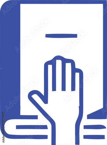 Flat vector icon illustration of a hand on a holy book, representing a solemn promise, legal testimony, or swearing an oath of allegiance