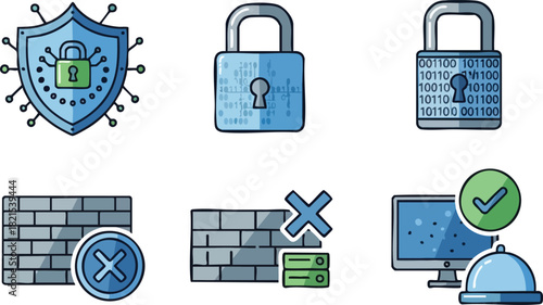 Cybersecurity Icons Padlock, Firewall, Shield Illustrating Online Safety Concepts