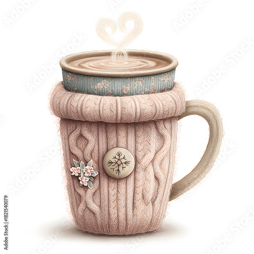 Cozy winter mug illustration with knitted sleeve, delicate floral details, warm steaming drink in heart shape, soft pastel texture
