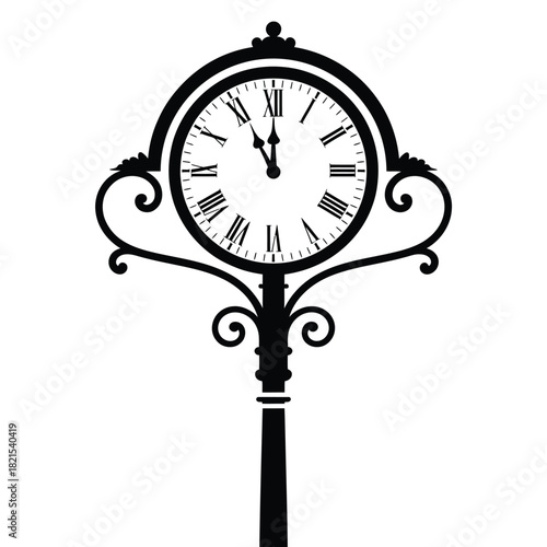 Ornate black silhouette of a vintage street clock