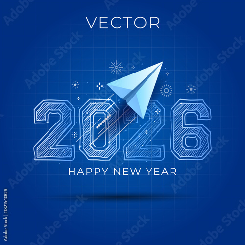 2026 happy new year business aim launch start concept with paper airplane for next target goal and vision.
