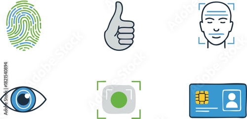 Biometric Security Icons of Fingerprint, Facial, Eye, and Data Protection Methods